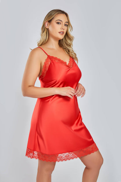 Red Satin Chemise W/ Lace Trim