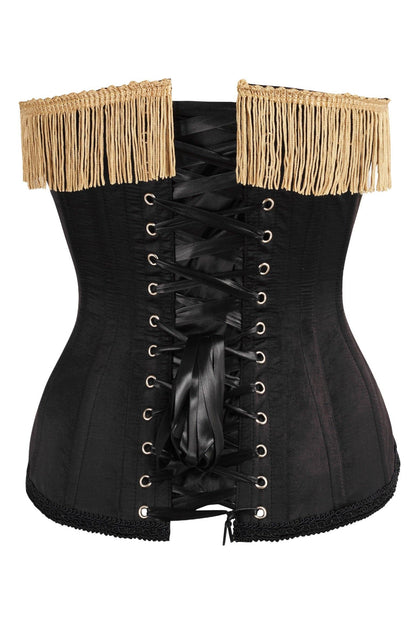 Top Drawer Black/Dark Red Steel Boned Corset w/Gold Fringe