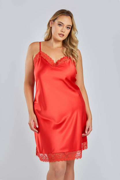 Red Satin Chemise W/ Lace Trim